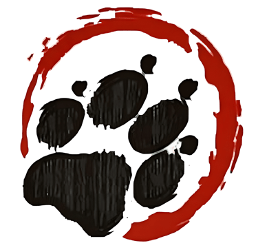Black animal paw print logo inside a textured red circle on a dark background.