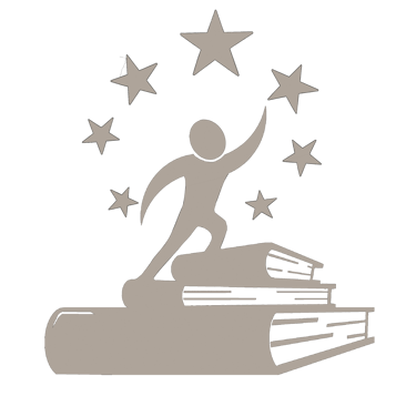 a person reaching for stars while moving up stairs made of books.