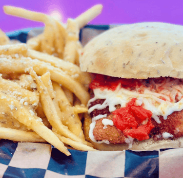 Photo of the chicken parm special with garlic parm fries at Chrissy's Cravings