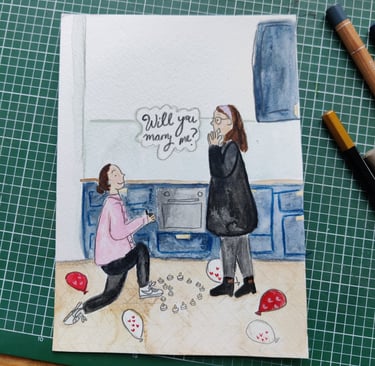 a watercolour and pencil illustration of a queer proposal and engagement