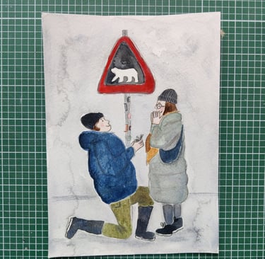 a bespoke watercolour and pencil painting of an engagement in svalbard where a man is down on one knee for his girlfriend