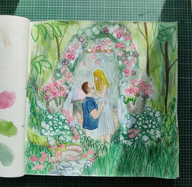 A watercolour and pencil painting of an engagement based on Taylor Swift and Travis Kelce's engagement