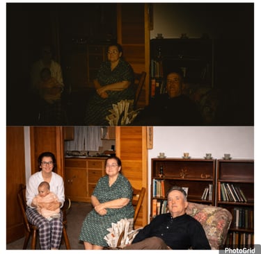 Side-by-side comparison of a dark underexposed family photo before and after digital restoration.