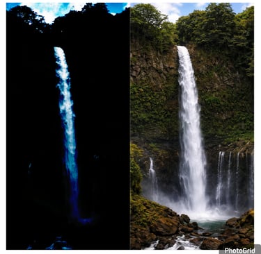 Side-by-side comparison of a tall scenic waterfall in a lush forest during day and night.