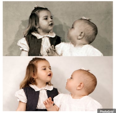 Vintage black and white family photo of two young sisters restored into a modern color portrait.