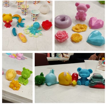 a series of four photos of a variety of figures made from soap