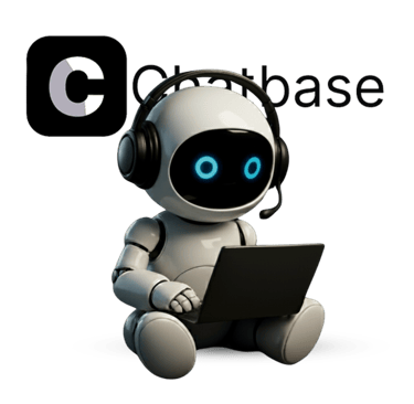 A cute white AI robot wearing headphones and using a laptop for customer support automation.
