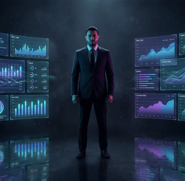 Businessman standing between futuristic glowing digital data dashboards with business analytics and financial charts.