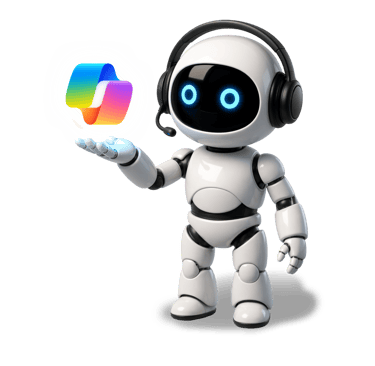 A cute white AI robot wearing a headset holding a glowing colorful Microsoft Copilot logo.