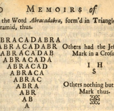 Depiction of a triangular ‘abracadabra’ in Defoe’s Journal of the Plague Year (1722)
