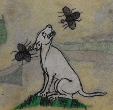 Details of bees and dog from Maastricht Book of Hours, BL Stowe MS.17, f. 48r