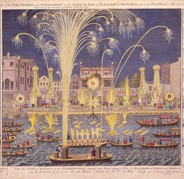 A fireworks display over the River Thames, London, 1749.