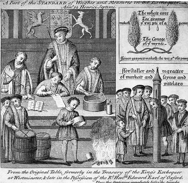 Henry VII watches over the trial of official English weights and measures, 1496