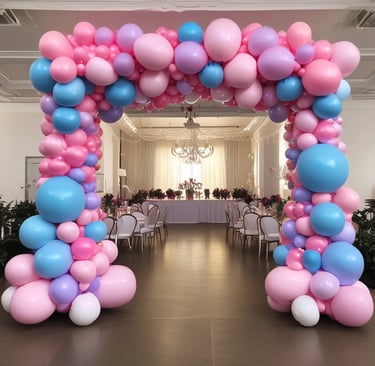 Colorful balloon arrangement with a toy car.