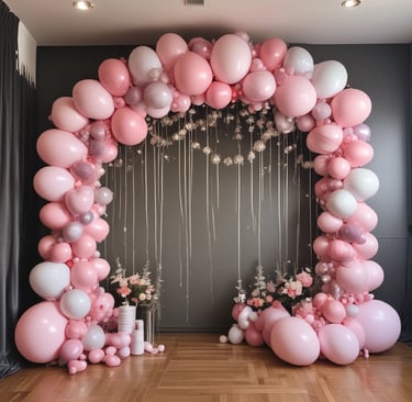 Colorful balloon arrangement with a toy car.