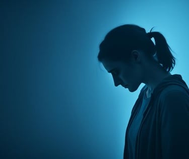 a woman in a dark room with a blue light