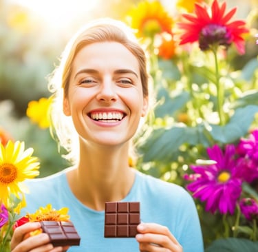 a woman holding a chocolate bar in her hands