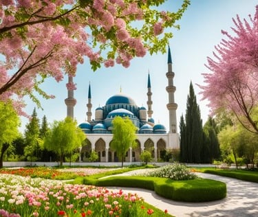 a beautiful blue mosque in the middle of a park