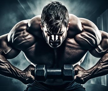 a man with a muscular body and a dumbbleach