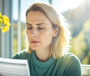 a woman in a green sweater is reading a paper