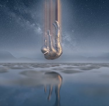 a person in a space suit falling to earth