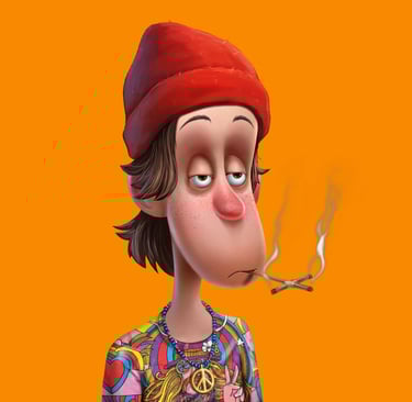 a cartoonish looking man with a red hat and a red hat