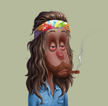 a cartoonish looking man with a beard and a bandanna