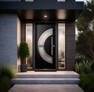 a modern front door with a circular glass door