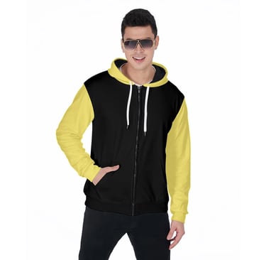 a man in a black and yellow hoodie and sunglasses