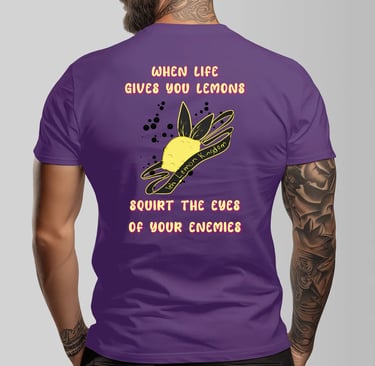 a man with tattoos on his back and a purple shirt