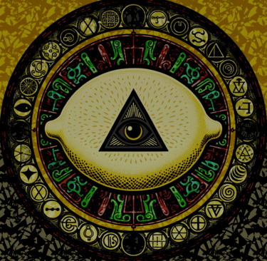 Occult lemon art featuring an Eye of Providence triangle and mystical alchemical symbols in a circular mandala design.