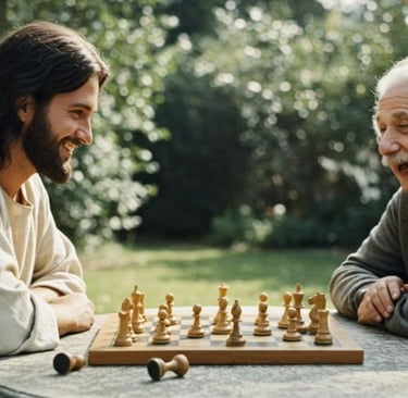 Jesús y Einstein jugando ajedrez en jardín verde, sonriendo; simboliza armonía fe-ciencia