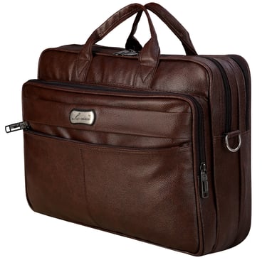 a brown leather office bag with a laptop compartments 