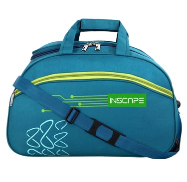 a blue duffel bag with a green and yellow logo and sturdy handle and shoulder strap