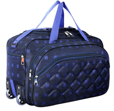 a blue duffle wheeler bags with shoulder strap and two wheel
