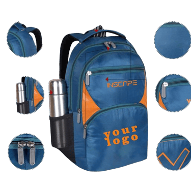 school bag with orange and blue color combination and multiple compartments