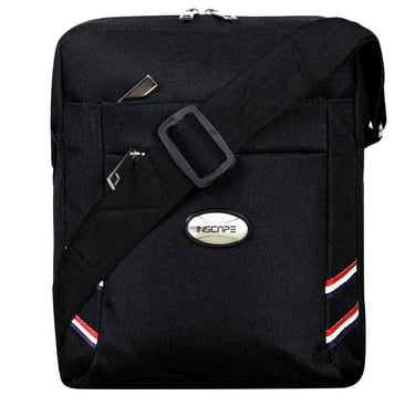 a black sling bag with a red, white and blue stripe