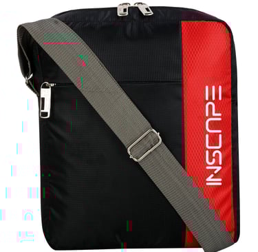 a black and red sling bag with a red and white logo on it