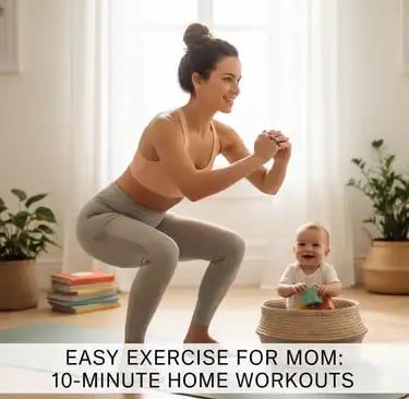 “A busy mom performing quick 10-minute exercises at home to stay fit.”