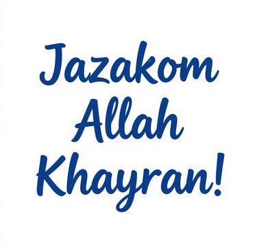 Blue Jazakom Allah Khayran script text on a white background, an Islamic expression of gratitude.