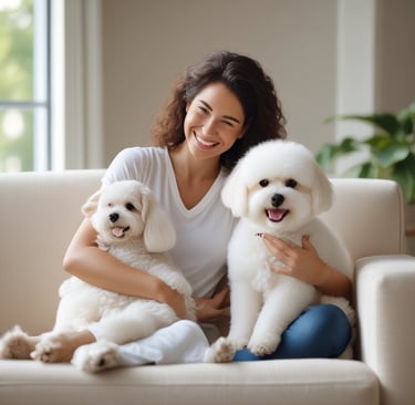 A happy person cuddling a small, white, low-shedding Bichon Frise dog in a clean and m