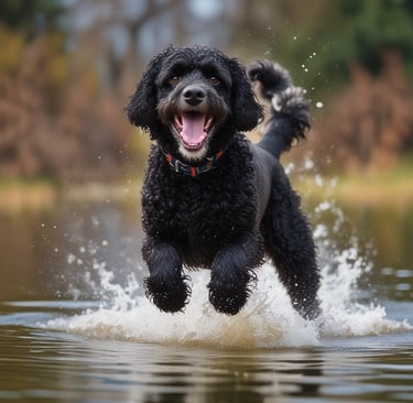 An athletic Portuguese Water Dog, a medium-sized non-shedding breed, playing joyfully in the water.