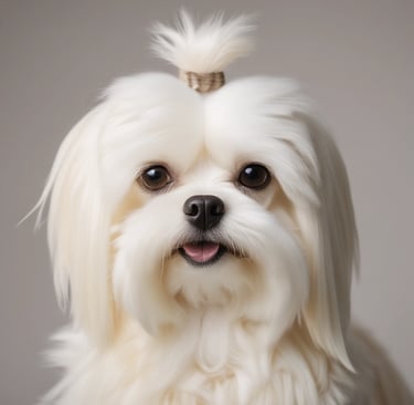 A close-up portrait of a perfectly groomed white Maltese, a popular small dog breed th