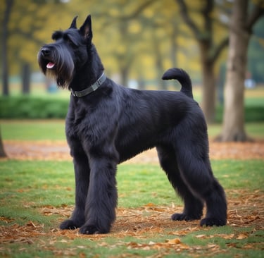 A noble-looking Giant Schnauzer, a large dog breed that doesn't shed much, standing in a park.