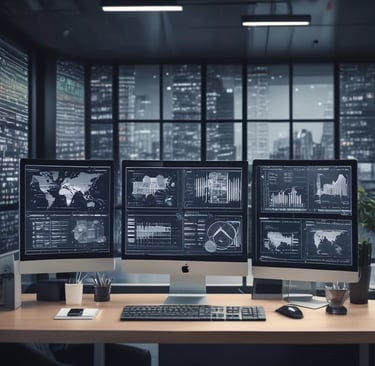 Modern office workspace with computer screens displaying AI data and digital workflows.