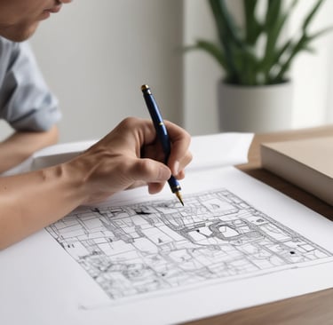 A professional team discussing project plans around a table with blueprints and tools.