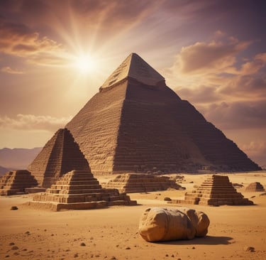 a group of people riding camels in front of a pyramid