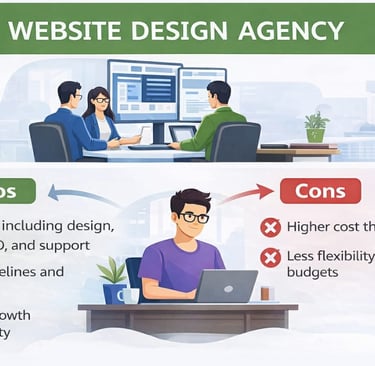 Website design agency in Bhopal infographic showing pros like full service, reliable timelines, scal