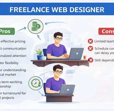Freelance web designer in Bhopal working on laptop with pros and cons infographic showing benefits l