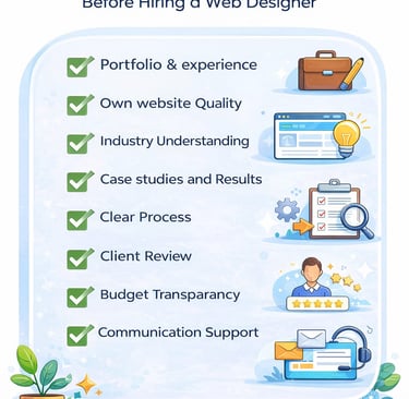 infographic about key factors before hiring a web designer, featuring a checklist of portfolio, expe